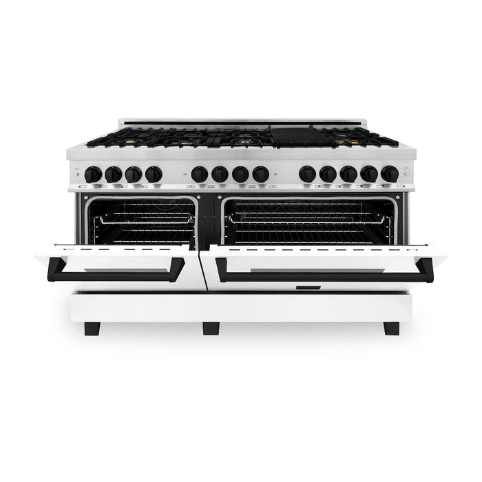 ZLINE Autograph Edition 60 in. 7.4 cu. ft. Legacy Dual Fuel Range with 9 Burner Gas Cooktop and 2 Electric Convection Ovens in Stainless Steel with White Matte Doors and Matte Black Accents (RAZ-WM-60-MB)