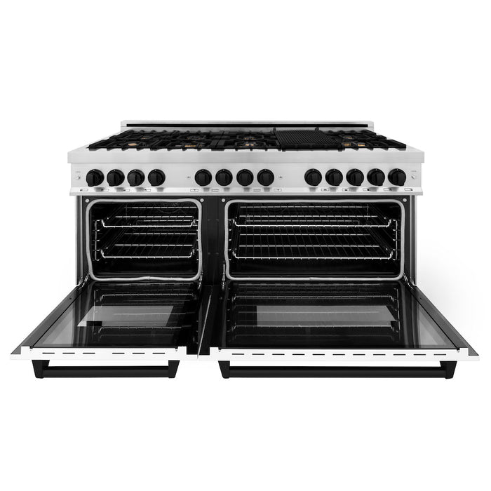 ZLINE Autograph Edition 60 in. 7.4 cu. ft. Legacy Dual Fuel Range with 9 Burner Gas Cooktop and 2 Electric Convection Ovens in Stainless Steel with White Matte Doors and Matte Black Accents (RAZ-WM-60-MB)