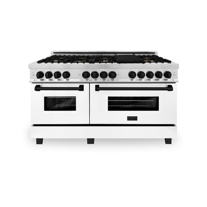 ZLINE Autograph Edition 60 in. 7.4 cu. ft. Legacy Dual Fuel Range with 9 Burner Gas Cooktop and 2 Electric Convection Ovens in Stainless Steel with White Matte Doors and Matte Black Accents (RAZ-WM-60-MB)