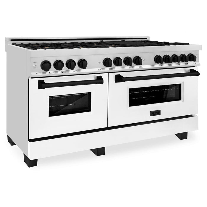 ZLINE Autograph Edition 60 in. 7.4 cu. ft. Legacy Dual Fuel Range with 9 Burner Gas Cooktop and 2 Electric Convection Ovens in Stainless Steel with White Matte Doors and Matte Black Accents (RAZ-WM-60-MB)