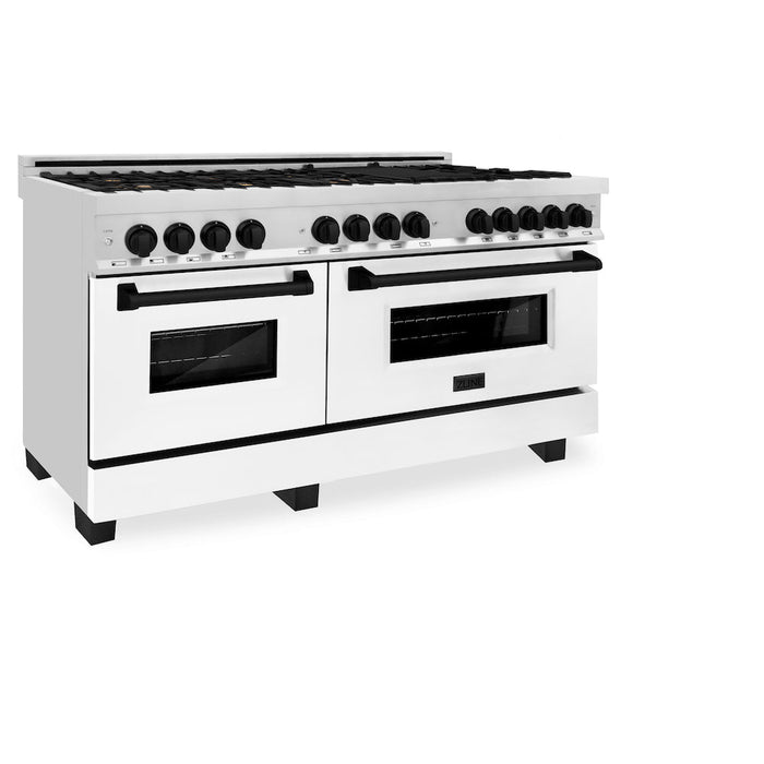 ZLINE Autograph Edition 60 in. 7.4 cu. ft. Legacy Dual Fuel Range with 9 Burner Gas Cooktop and 2 Electric Convection Ovens in Stainless Steel with White Matte Doors and Matte Black Accents (RAZ-WM-60-MB)