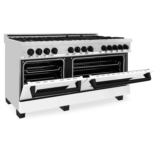 ZLINE Autograph Edition 60 in. 7.4 cu. ft. Legacy Dual Fuel Range with 9 Burner Gas Cooktop and 2 Electric Convection Ovens in Stainless Steel with White Matte Doors and Matte Black Accents (RAZ-WM-60-MB)