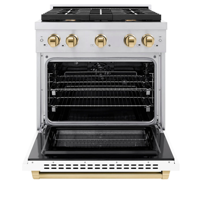 ZLINE Autograph Edition 30 in. 4.2 cu. ft. Paramount Dual Fuel Range with 4 Burner Gas Cooktop and Electric Convection Oven in Stainless Steel with White Matte Door and Polished Gold Accents (SDRZ-WM-30-G)