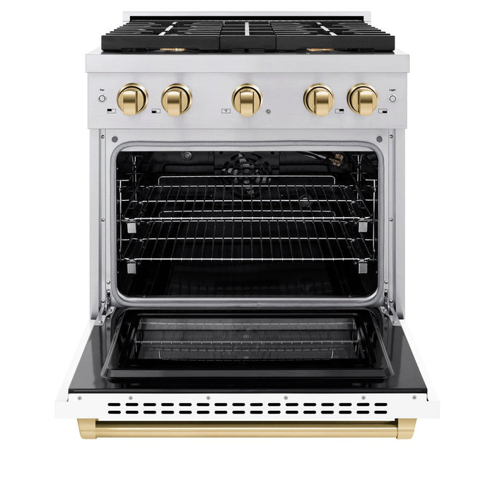 ZLINE Autograph 30" 4.2 cu. ft. Paramount Dual Fuel Range with 4 Burners with White Matte Door and Polished Gold Accents, SDRZ-WM-30-G