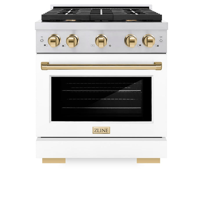 ZLINE Autograph Edition 30 in. 4.2 cu. ft. Paramount Dual Fuel Range with 4 Burner Gas Cooktop and Electric Convection Oven in Stainless Steel with White Matte Door and Polished Gold Accents (SDRZ-WM-30-G)