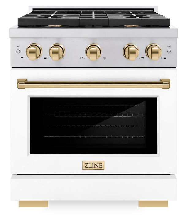 ZLINE Autograph 30" 4.2 cu. ft. Paramount Dual Fuel Range with 4 Burners with White Matte Door and Polished Gold Accents, SDRZ-WM-30-G