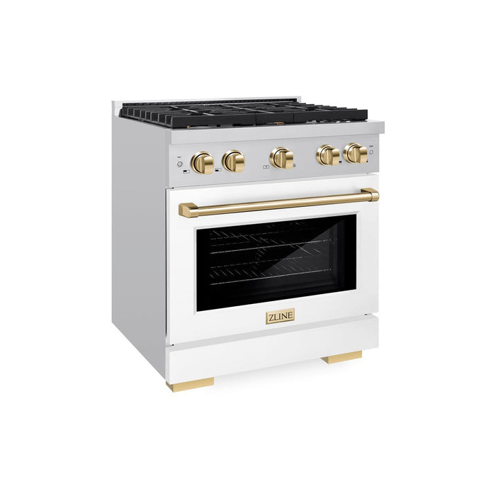 ZLINE Autograph 30" 4.2 cu. ft. Paramount Dual Fuel Range with 4 Burners with White Matte Door and Polished Gold Accents, SDRZ-WM-30-G