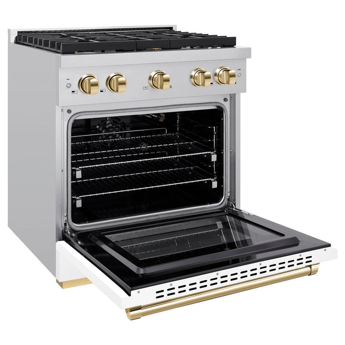 ZLINE Autograph 30" 4.2 cu. ft. Paramount Dual Fuel Range with 4 Burners with White Matte Door and Polished Gold Accents, SDRZ-WM-30-G