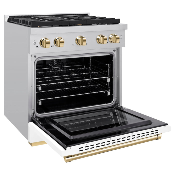 ZLINE Autograph Edition 30 in. 4.2 cu. ft. Paramount Dual Fuel Range with 4 Burner Gas Cooktop and Electric Convection Oven in Stainless Steel with White Matte Door and Polished Gold Accents (SDRZ-WM-30-G)