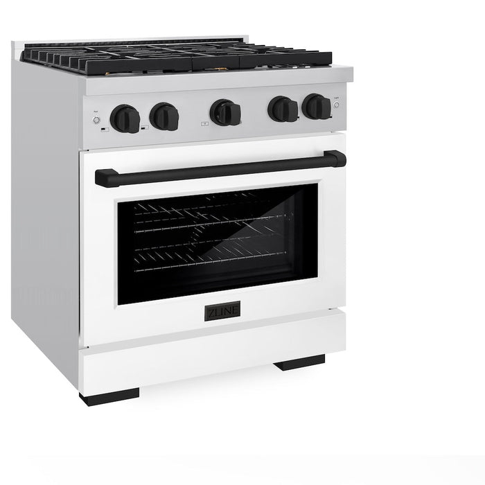 ZLINE Autograph Edition 30 in. 4.2 cu. ft. Paramount Dual Fuel Range with 4 Burner Gas Cooktop and Electric Convection Oven in Stainless Steel with White Matte Door and Matte Black Accents (SDRZ-WM-30-MB)