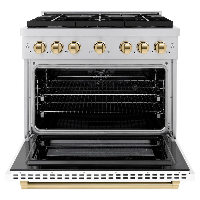 ZLINE Autograph Edition 36 in. 5.2 cu. ft. Paramount Dual Fuel Range with 6 Burner Gas Cooktop and Electric Convection Oven in Stainless Steel with White Matte Door and Polished Gold Accents (SDRZ-WM-36-G)