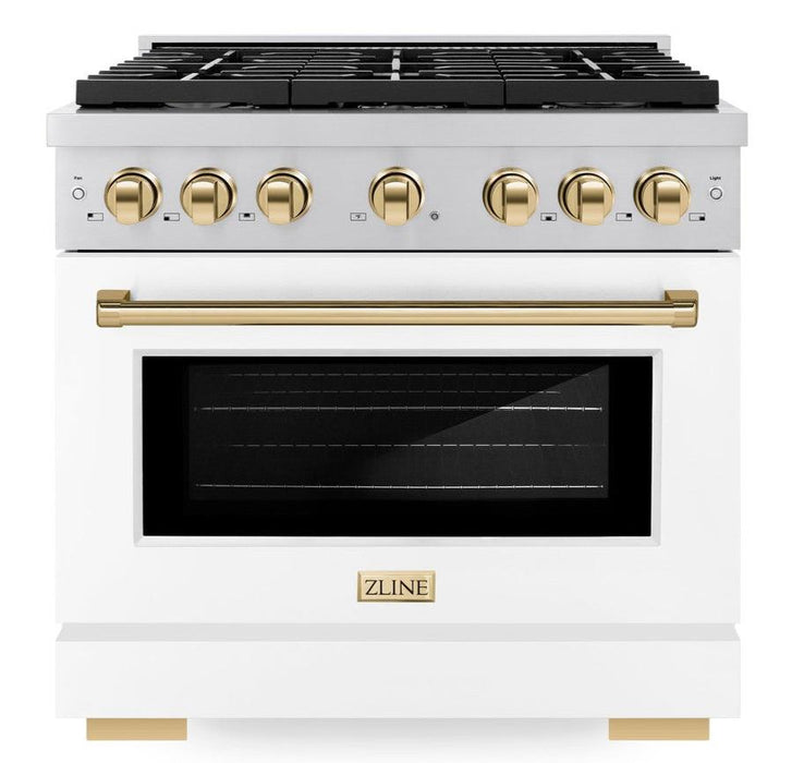 ZLINE Autograph 36" 5.2 cu. ft. Paramount Dual Fuel Range with 6 Burners with White Matte Door and Polished Gold Accents, SDRZ-WM-36-G