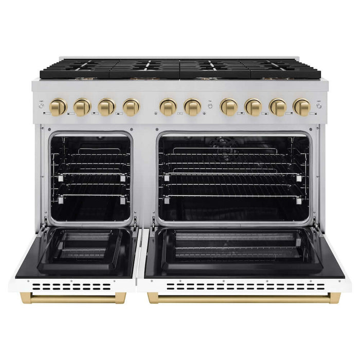 ZLINE Autograph Edition 48 in. 6.7 cu. ft. Paramount Double Oven Dual Fuel Range with 8 Burner Gas Cooktop in Stainless Steel with White Matte Doors and Champagne Bronze Accents (SDRZ-WM-48-CB)