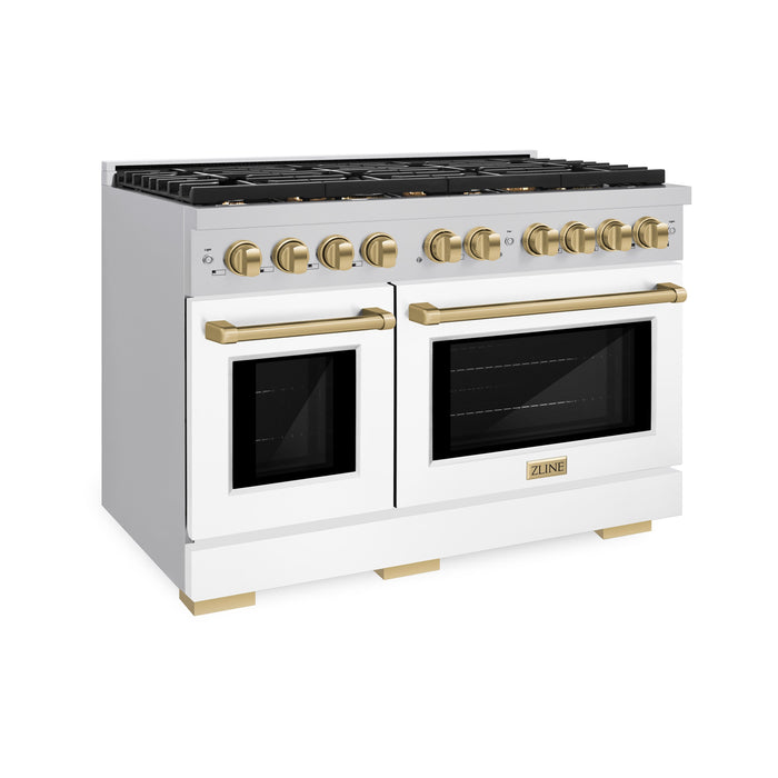 ZLINE Autograph 48" 6.7 cu. ft. Paramount Double Oven Dual Fuel Range with 8 Burners with White Matte Doors and Champagne Bronze Accents, SDRZ-WM-48-CB