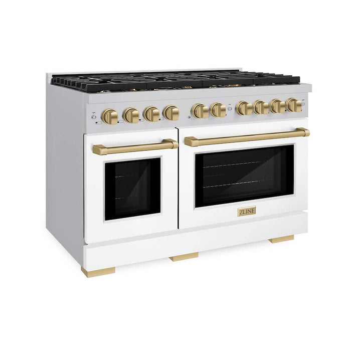 ZLINE Autograph Edition 48 in. 6.7 cu. ft. Paramount Double Oven Dual Fuel Range with 8 Burner Gas Cooktop in Stainless Steel with White Matte Doors and Champagne Bronze Accents (SDRZ-WM-48-CB)