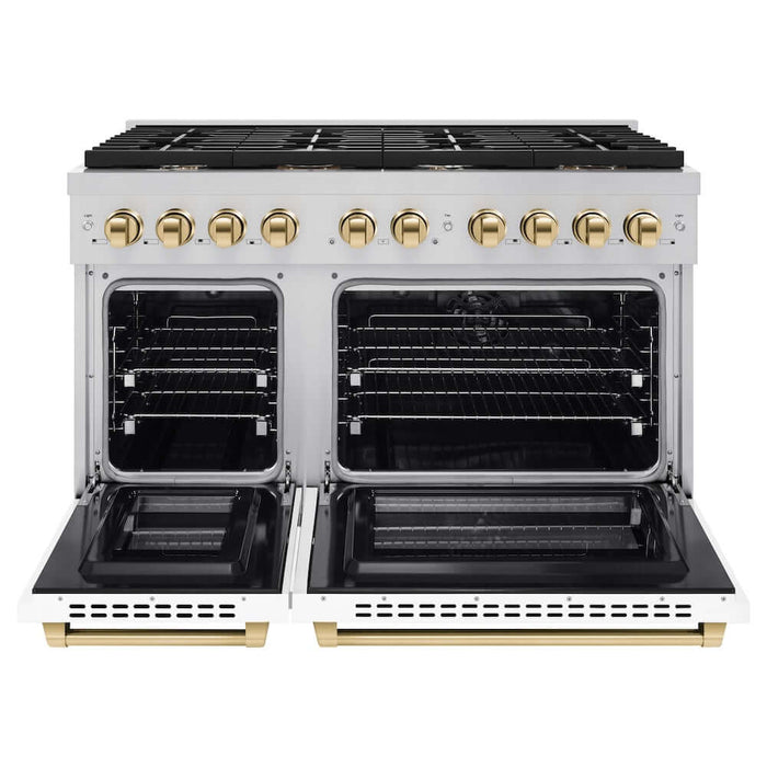 ZLINE Autograph Edition 48 in. 6.7 cu. ft. Paramount Double Oven Dual Fuel Range with 8 Burner Gas Cooktop in Stainless Steel with White Matte Doors and Polished Gold Accents (SDRZ-WM-48-G)