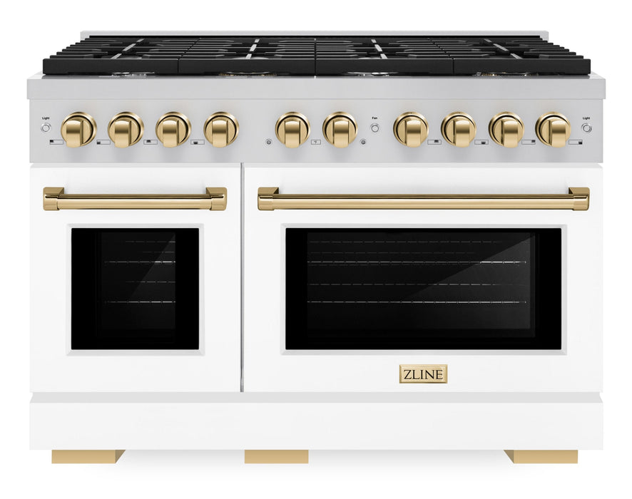 ZLINE Autograph 48" 6.7 cu. ft. Paramount Double Oven Dual Fuel Range with 8 Burners with White Matte Doors and Polished Gold Accents, SDRZ-WM-48-G