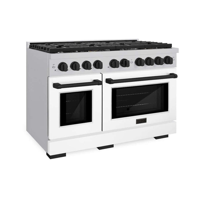 ZLINE Autograph Edition 48 in. 6.7 cu. ft. Paramount Double Oven Dual Fuel Range with 8 Burner Gas Cooktop in Stainless Steel with White Matte Doors and Matte Black Accents (SDRZ-WM-48-MB)