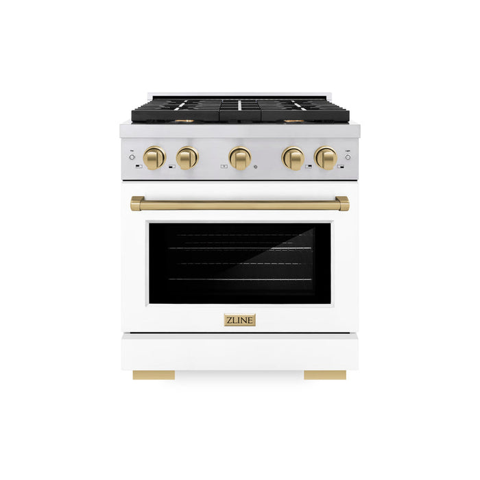 ZLINE Autograph Package - 30 In. Gas Range and Range Hood in Stainless Steel with White Matte Door and Champagne Bronze Accents, 2AKP-RGWMRH30-CB