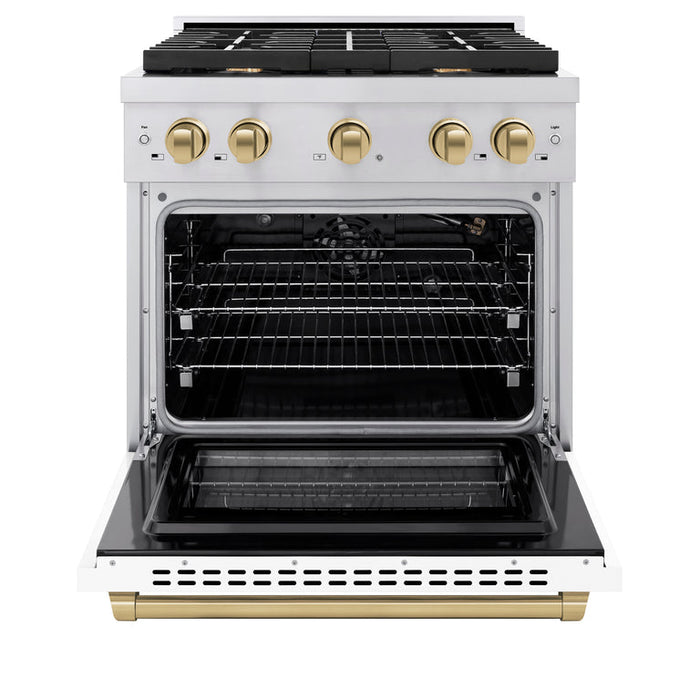 ZLINE Autograph Package - 30 In. Gas Range and Range Hood in Stainless Steel with White Matte Door and Champagne Bronze Accents, 2AKP-RGWMRH30-CB