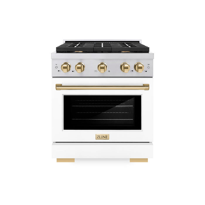 ZLINE Autograph Package - 30 In. Gas Range and Range Hood in Stainless Steel with White Matte Door and Gold Accents, 2AKP-RGWMRH30-G