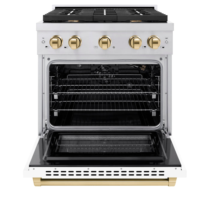 ZLINE Autograph 30" 4.2 cu. ft. Paramount Gas Range with Convection Gas Oven in Stainless Steel with White Matte Door and Gold Accents, SGRZ-WM-30-G