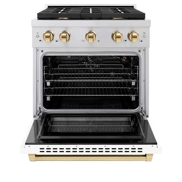 ZLINE Autograph Package - 30 In. Gas Range, Range Hood, Dishwasher in White Matte with Gold Accents, 3AKP-RGWMRHDWM30-G