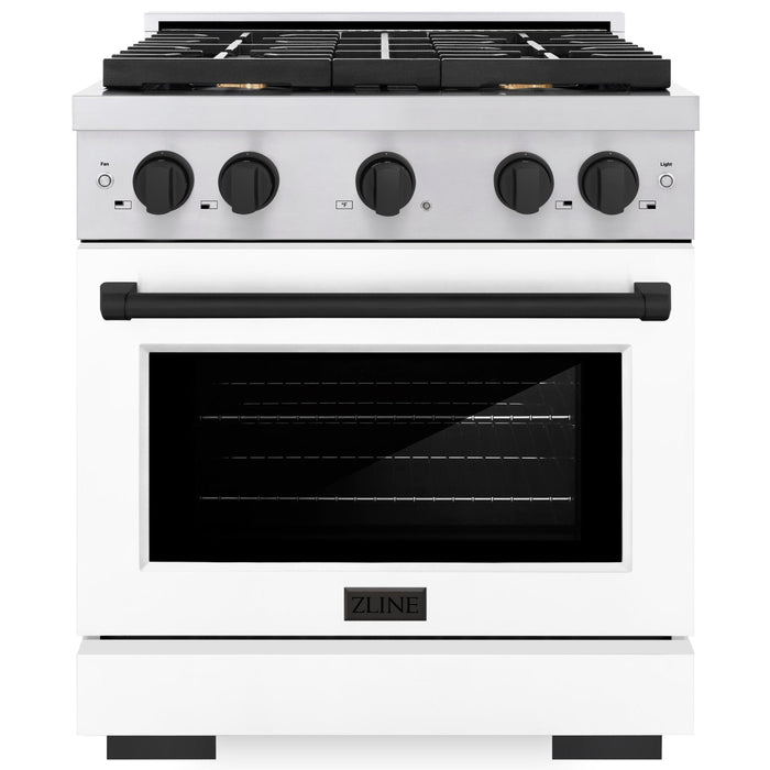 ZLINE Autograph 30" 4.2 cu. ft. Paramount Gas Range with Convection Gas Oven in Stainless Steel with White Matte Door and Matte Black Accents, SGRZ-WM-30-MB