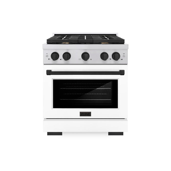 ZLINE Autograph Package - 30 In. Gas Range, Range Hood, Dishwasher in White with Matte Black Accents, 3AKP-RGWMRHDWM30-MB