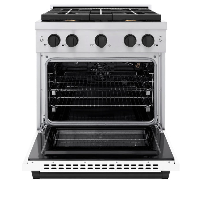 ZLINE Autograph Package - 30 In. Gas Range, Range Hood, Dishwasher in White with Matte Black Accents, 3AKP-RGWMRHDWM30-MB