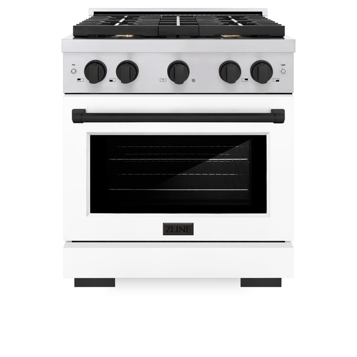 ZLINE Autograph 30" 4.2 cu. ft. Paramount Gas Range with Convection Gas Oven in Stainless Steel with White Matte Door and Matte Black Accents, SGRZ-WM-30-MB