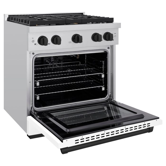 ZLINE Autograph 30" 4.2 cu. ft. Paramount Gas Range with Convection Gas Oven in Stainless Steel with White Matte Door and Matte Black Accents, SGRZ-WM-30-MB