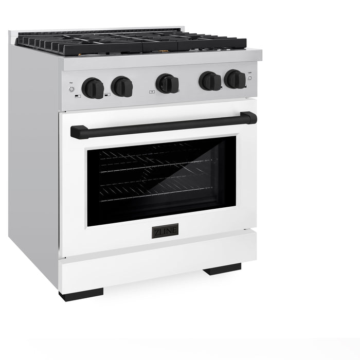 ZLINE Autograph 30" 4.2 cu. ft. Paramount Gas Range with Convection Gas Oven in Stainless Steel with White Matte Door and Matte Black Accents, SGRZ-WM-30-MB