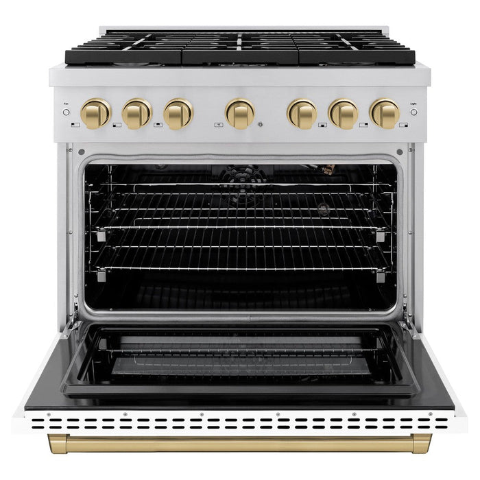 ZLINE Autograph 36" 5.2 cu. ft. Paramount Dual Fuel Range with 6 Burners with White Matte Door and Champagne Bronze Accents, SDRZ-WM-36-CB