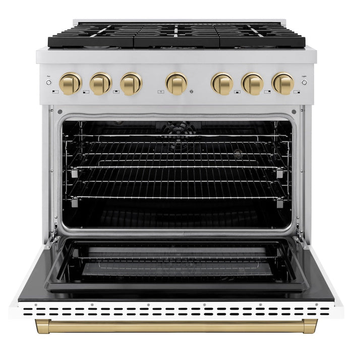 ZLINE Autograph Edition 36 in. 5.2 cu. ft. Paramount Dual Fuel Range with 6 Burner Gas Cooktop and Electric Convection Oven in Stainless Steel with White Matte Door and Champagne Bronze Accents (SDRZ-WM-36-CB)