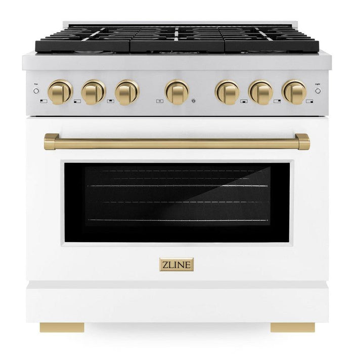 ZLINE Autograph 36" 5.2 cu. ft. Paramount Dual Fuel Range with 6 Burners with White Matte Door and Champagne Bronze Accents, SDRZ-WM-36-CB