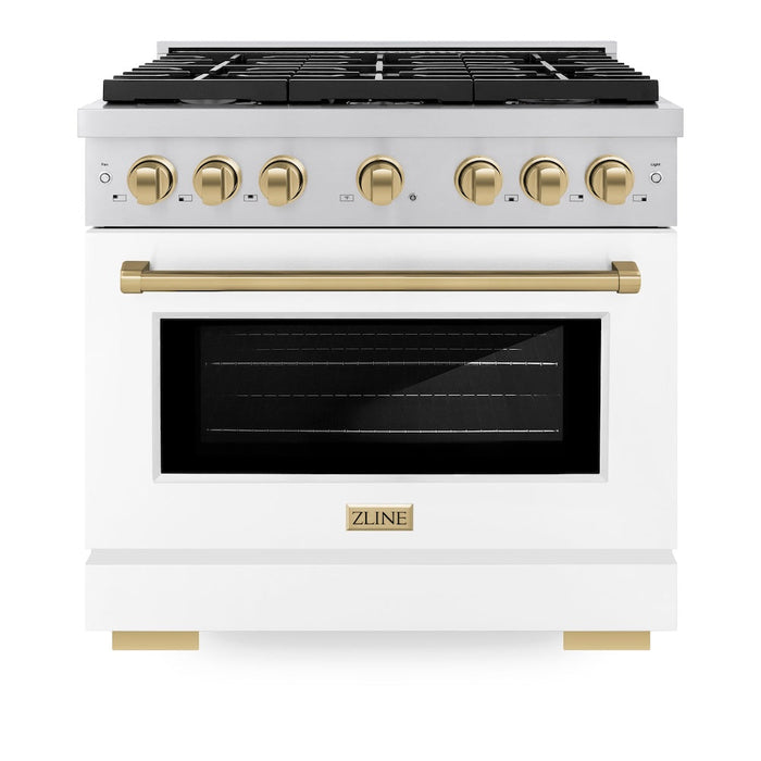 ZLINE Autograph Edition 36 in. 5.2 cu. ft. Paramount Dual Fuel Range with 6 Burner Gas Cooktop and Electric Convection Oven in Stainless Steel with White Matte Door and Champagne Bronze Accents (SDRZ-WM-36-CB)