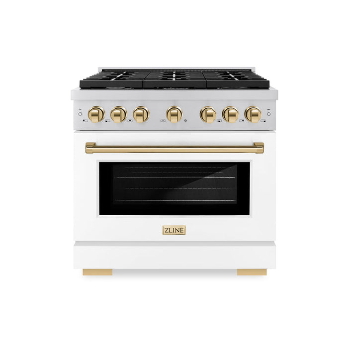 ZLINE Autograph Package - 36 In. Gas Range, Range Hood, Dishwasher in White with Champagne Bronze Accents, 3AKP-RGWMRHDWM36-CB