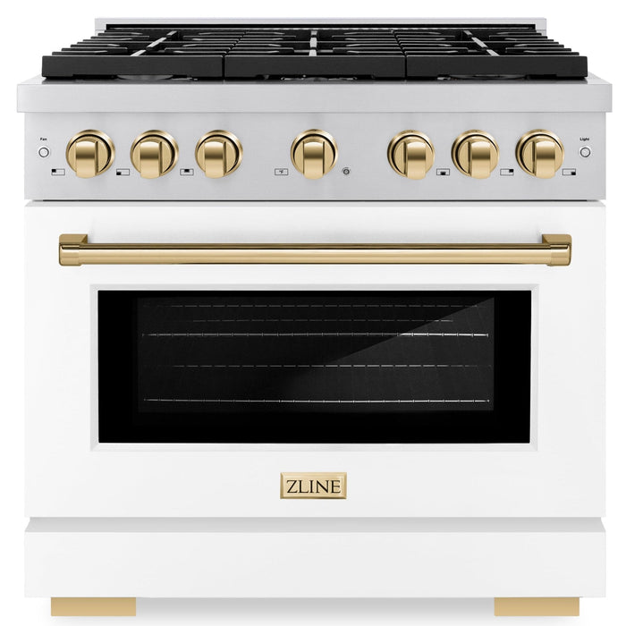 ZLINE Autograph 36" 5.2 cu. ft. Paramount Gas Range with Convection Gas Oven in Stainless Steel with White Matte Door and Bronze Accents, SGRZ-WM-36-CB