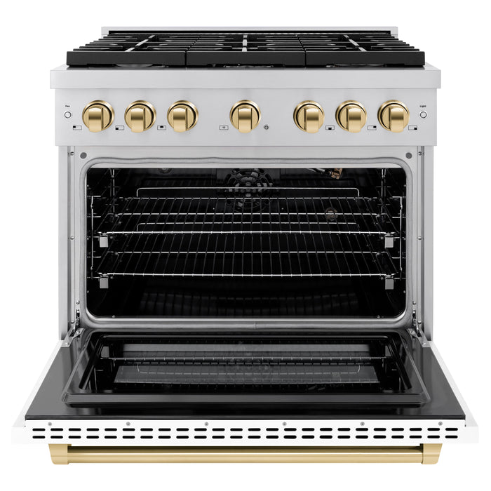 ZLINE Autograph 36" 5.2 cu. ft. Paramount Gas Range with Convection Gas Oven in Stainless Steel with White Matte Door and Gold Accents, SGRZ-WM-36-G