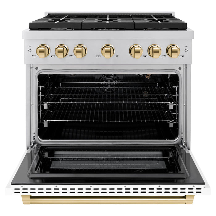 ZLINE Autograph Package - 36 In. Gas Range and Range Hood with White Matte Door and Gold Accents, 2AKP-RGWMRH36-G