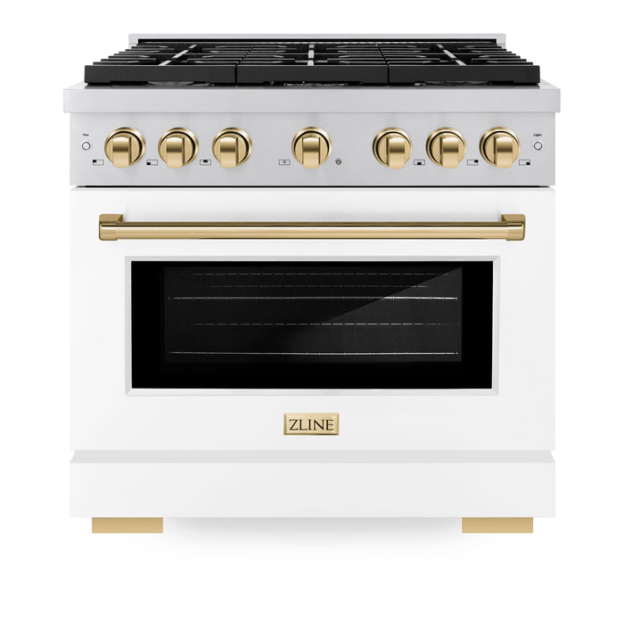 ZLINE Autograph 36" 5.2 cu. ft. Paramount Gas Range with Convection Gas Oven in Stainless Steel with White Matte Door and Bronze Accents, SGRZ-WM-36-CB