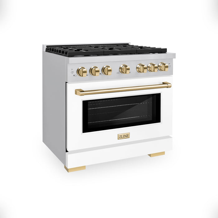 ZLINE Autograph 36" 5.2 cu. ft. Paramount Gas Range with Convection Gas Oven in Stainless Steel with White Matte Door and Bronze Accents, SGRZ-WM-36-CB