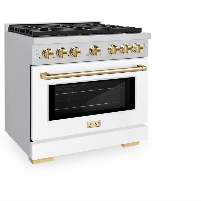 ZLINE Autograph 36" 5.2 cu. ft. Paramount Gas Range with Convection Gas Oven in Stainless Steel with White Matte Door and Gold Accents, SGRZ-WM-36-G