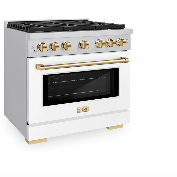 ZLINE Autograph Package - 36 In. Gas Range, Range Hood, Dishwasher in White with Champagne Bronze Accents, 3AKP-RGWMRHDWM36-CB