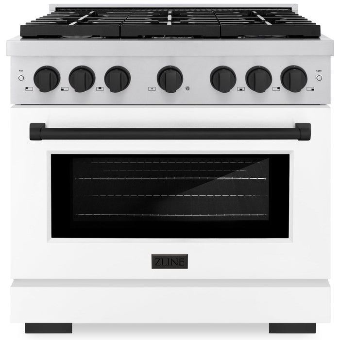 ZLINE Autograph 36" 5.2 cu. ft. Paramount Gas Range with Convection Gas Oven in Stainless Steel with White Matte Door and Matte Black Accents, SGRZ-WM-36-MB