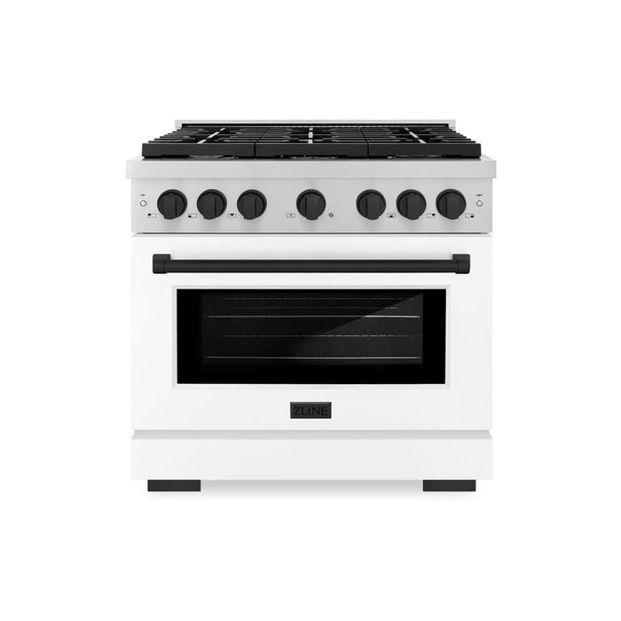 ZLINE Autograph Package - 36 In. Gas Range, Range Hood, Dishwasher in White Matte with Matte Black Accents, 3AKP-RGWMRHDWM36-MB