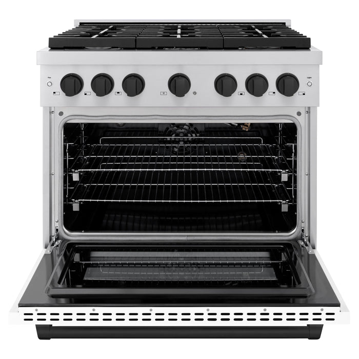 ZLINE Autograph 36" 5.2 cu. ft. Paramount Gas Range with Convection Gas Oven in Stainless Steel with White Matte Door and Matte Black Accents, SGRZ-WM-36-MB