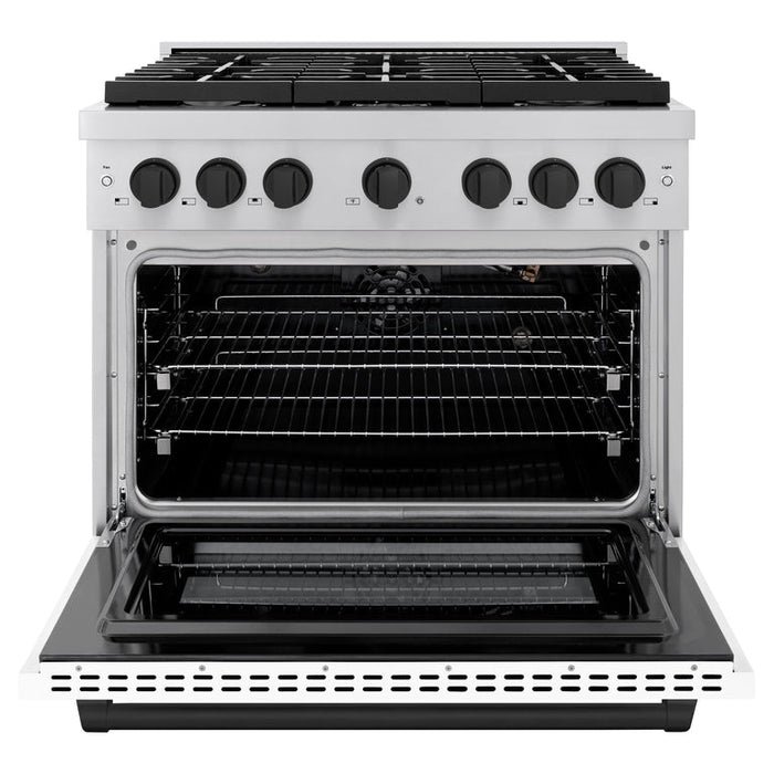 ZLINE Autograph Package - 36 In. Gas Range, Range Hood, Dishwasher in White Matte with Matte Black Accents, 3AKP-RGWMRHDWM36-MB