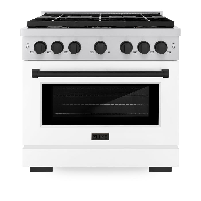 ZLINE Autograph 36" 5.2 cu. ft. Paramount Gas Range with Convection Gas Oven in Stainless Steel with White Matte Door and Matte Black Accents, SGRZ-WM-36-MB